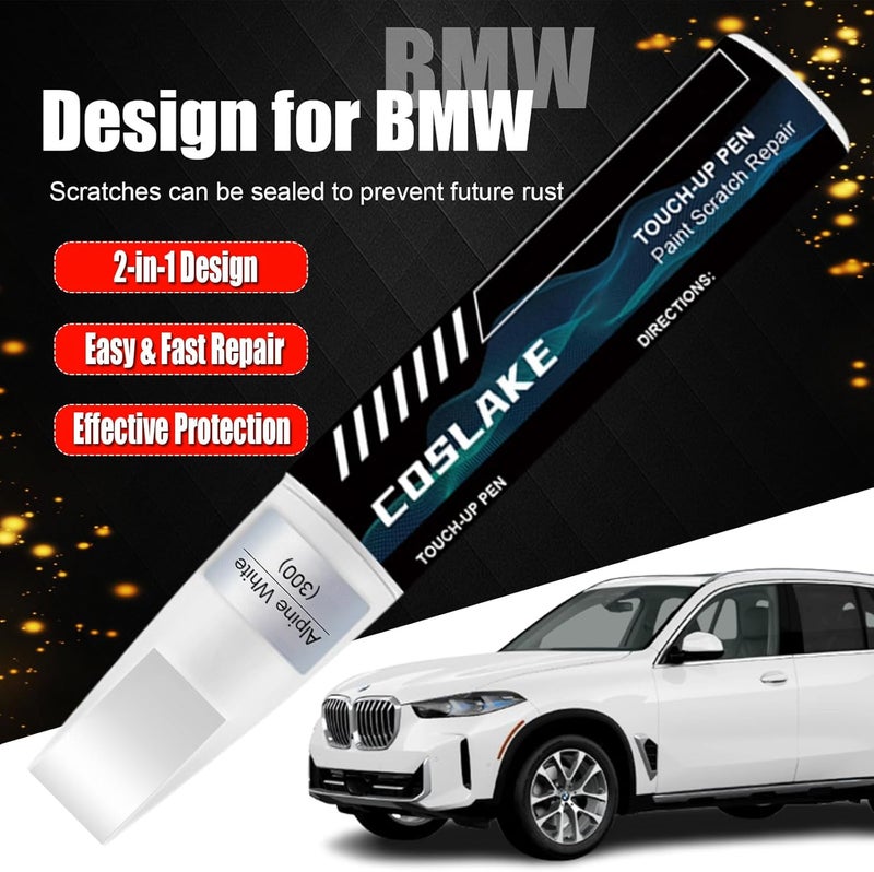 COSLAKE طلاء إصلاح السيارات (مينيرال وايت ميتاليك (A96)) لسيارات BMW، مجموعة إصلاح خدوش طلاء السيارة، حل سريع وسهل للإصلاح، قلم إزالة الخدوش 2 في 1 مع مطابقة اللون - Image 2