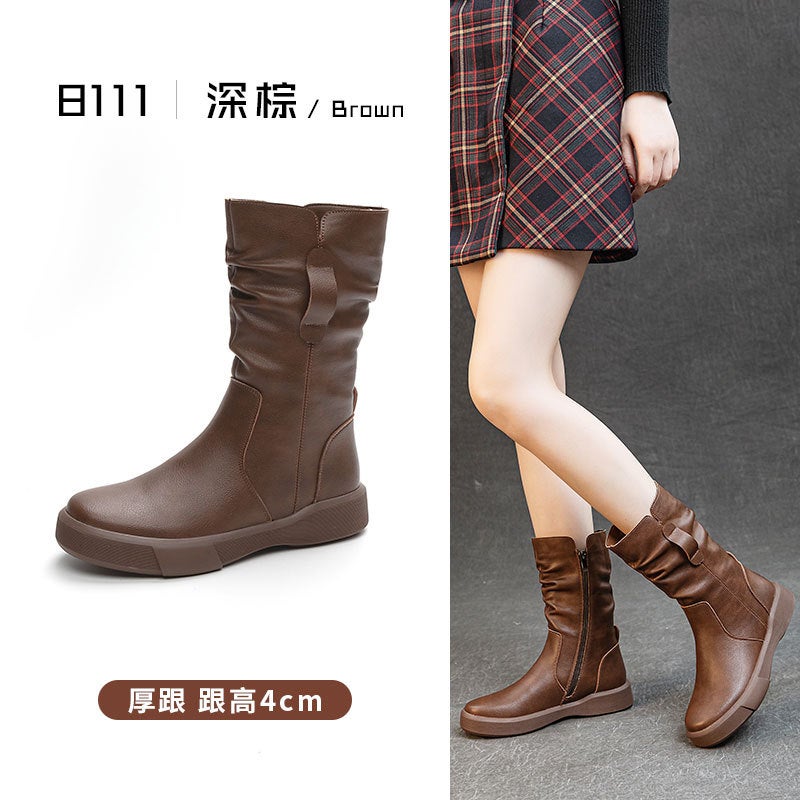 Simple All-Match Genuine Leather Martin Boots Women'S Brown Middle Boots Breathable Warm Thick Heel Thick Bottom Boots - Image 1