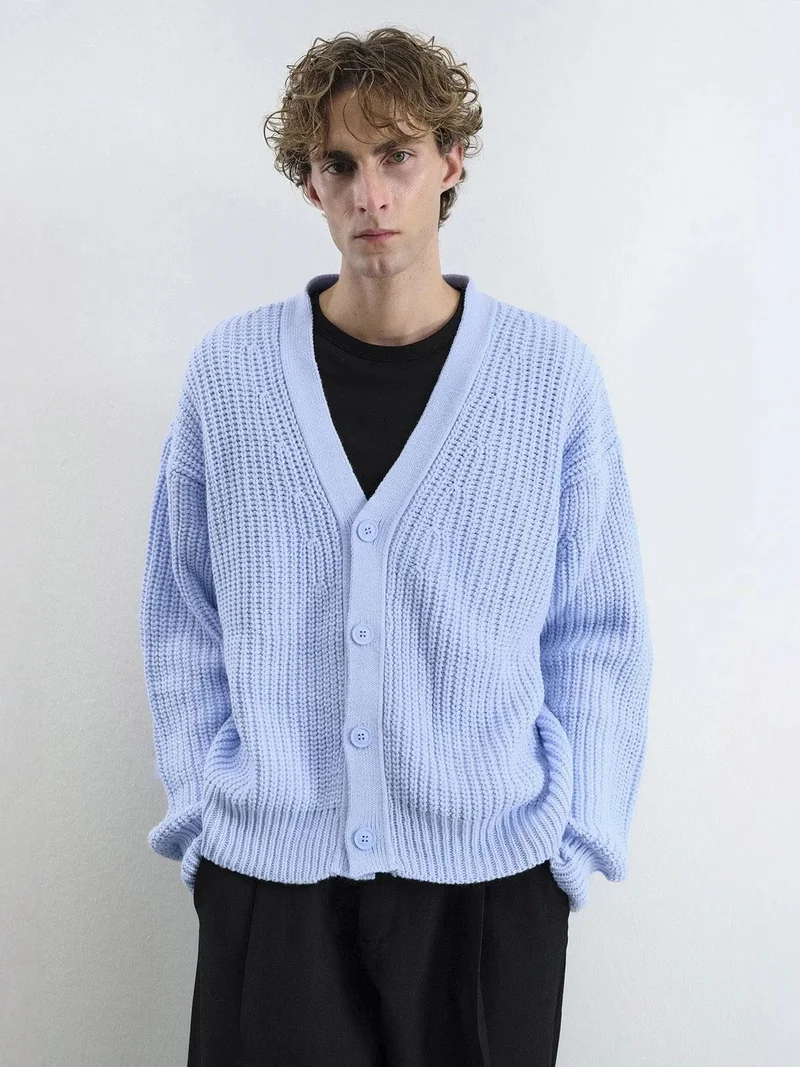 Giesto Maya Blue GIESTO Oversized Ribbed V-neck Cardigan for Men | Best Price UAE