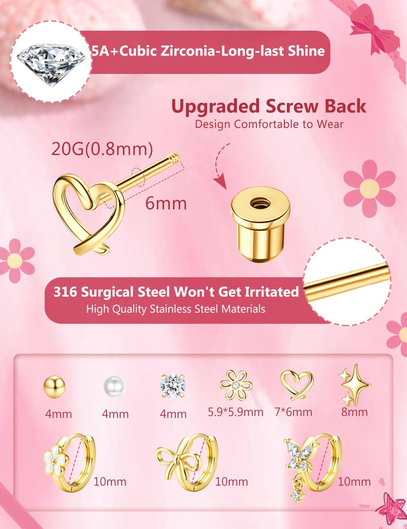 ORAZIO Hypoallergenic Earrings for Girls Women Kids Surgical Stainless Steel Screw Back Bow Heart Flower Stud Hoop Toddler Kids Earrings for Girls Sensitive Ears Over 4 Years Old D - Image 2