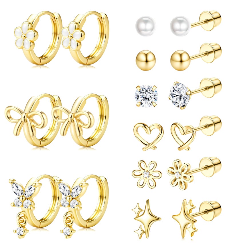 ORAZIO Hypoallergenic Earrings for Girls Women Kids Surgical Stainless Steel Screw Back Bow Heart Flower Stud Hoop Toddler Kids Earrings for Girls Sensitive Ears Over 4 Years Old D - Image 1