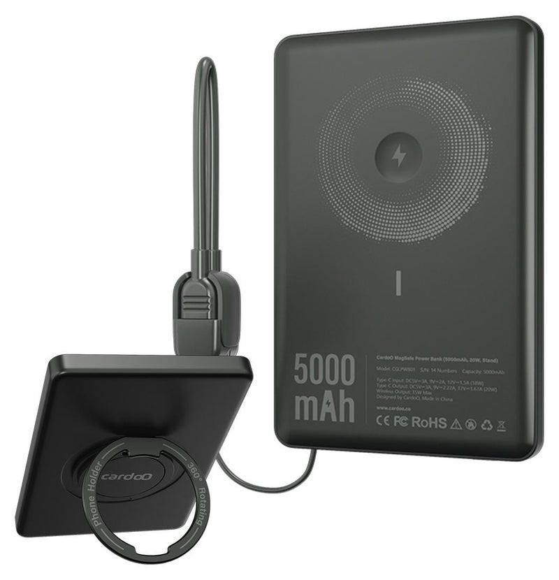 cardoo بطارية خارجية cardoO 5000mAh نحيفة ومحمولة شحن سريع USB-C PD توافق عالمي أسود - Image 1