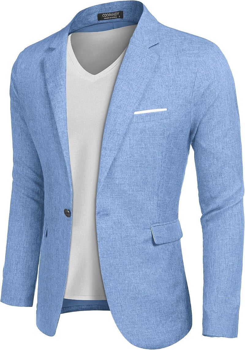 COOFANDY Men's Slim Fit Linen Blazer Jacket - Sky Blue - Image 1