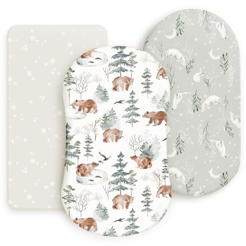GRSSDER Stretchy Ultra Soft Fitted Bassinet Sheet Set 3 Pack Universal Fit for Bassinets Baby Cradle Moses Basket Oval Rectangle Mattress Safe and Snug Stylish Pattren of Bear and Wolf Print