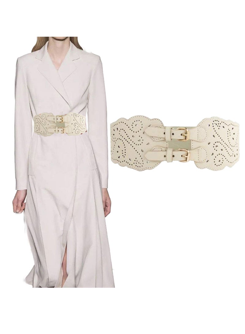 Women Wide Elastic Waist Belt Vintage Buckle Leather Elastic Stretchy Corset Cinch Belt - Image 1