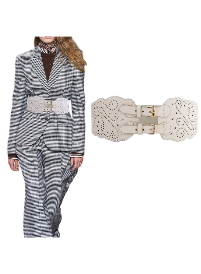 Women Wide Elastic Waist Belt Vintage Buckle Leather Elastic Stretchy Corset Cinch Belt - Image 2