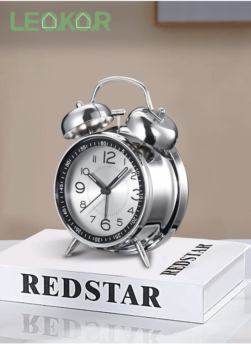 LEOKOR - Loud Alarm Clock For Heavy Sleepers Silent Non-Ticking Retro Quartz Alarm Clock with Backlight Silver - Image 1