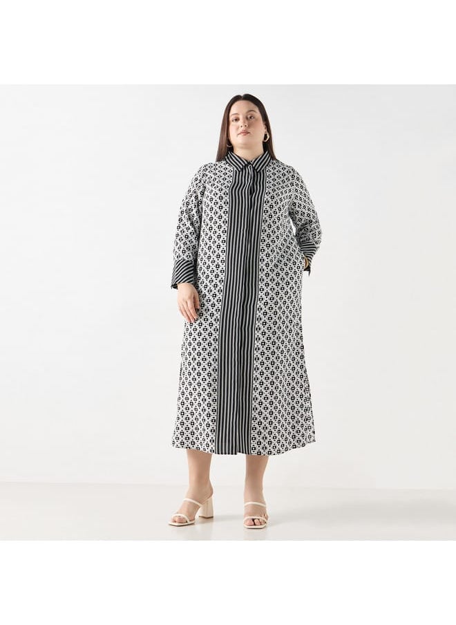 Ulla Popken Plus Size Ulla Popken Geometric Print Shirt Dress with Long Sleeves  - Image 1