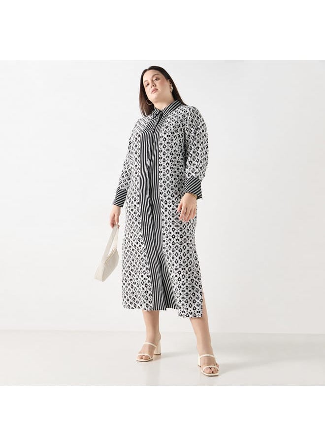 Ulla Popken Plus Size Ulla Popken Geometric Print Shirt Dress with Long Sleeves  - Image 2