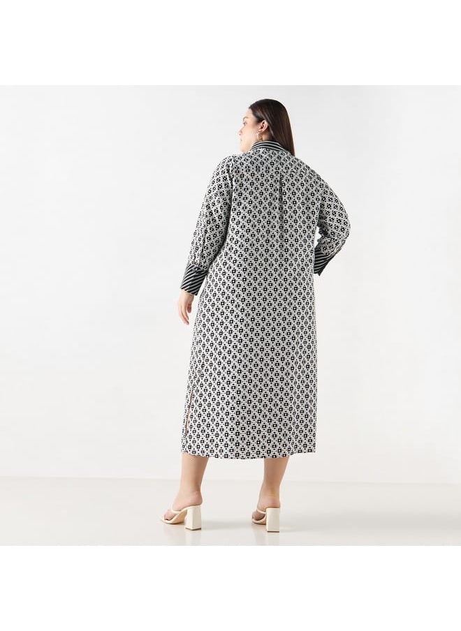 Ulla Popken Plus Size Ulla Popken Geometric Print Shirt Dress with Long Sleeves  - Image 3