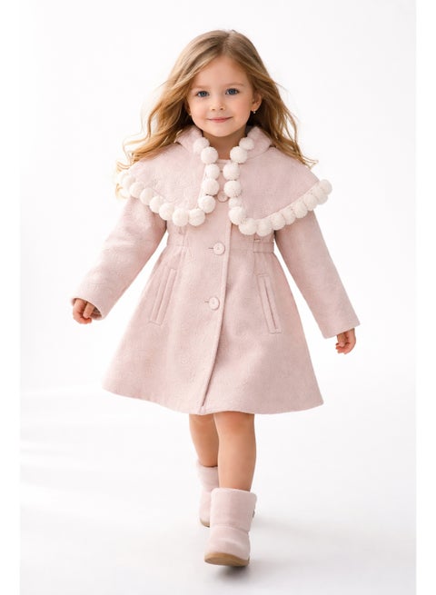 فستان شتوي بناتي وردي باودر خامة دافئة وتصميم أنيق مميز للبنات مناسب للخروج والمناسبات
