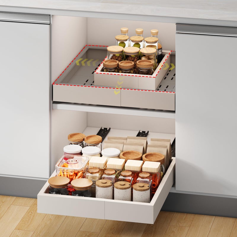 Pull out Cabinet OrganizerWidth 1116 and Depth 1724 Expandable With 3 RailsNo Drill Adjustable Slide out Drawers for KitchenPantryAdhesive Roll out Shelvesfor Cabinets Without LipWhite