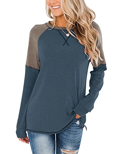Bingerlily Women's Casual Long Sleeve Tunic Tops Crew Neck Color Block Blouses (Large, Navy) - Image 1