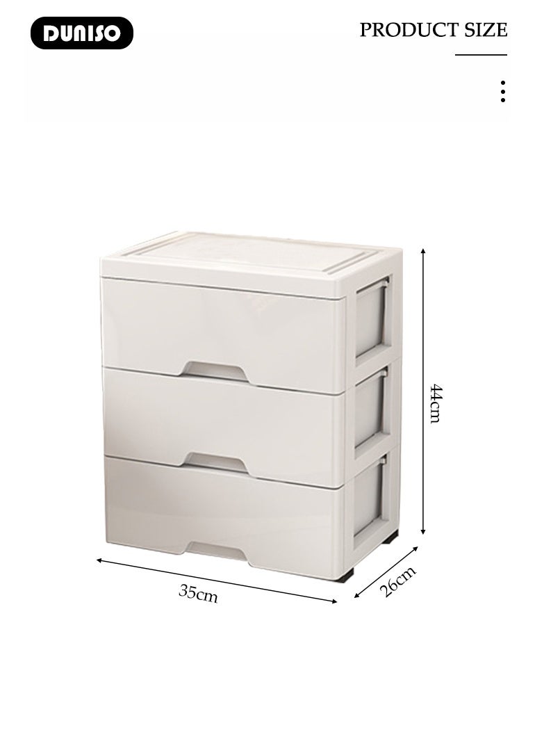 DUNISO خزانة تخزين بثلاث طبقات مع عجلات، خزانة توفير المساحة البيئية، برج تخزين متعدد الوظائف، وحدة أدراج بلاستيكية، وحدات أدراج تخزين للألعاب، الوجبات الخفيفة، الكتب باللون الأبيض - Image 2