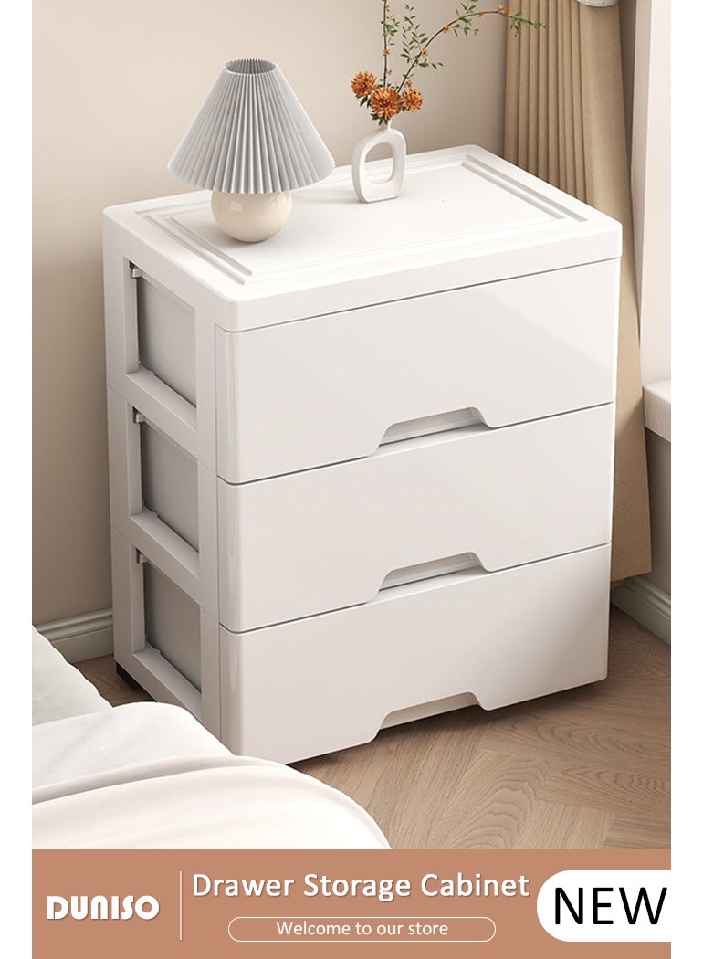 DUNISO خزانة تخزين بثلاث طبقات مع عجلات، خزانة توفير المساحة البيئية، برج تخزين متعدد الوظائف، وحدة أدراج بلاستيكية، وحدات أدراج تخزين للألعاب، الوجبات الخفيفة، الكتب باللون الأبيض - Image 1