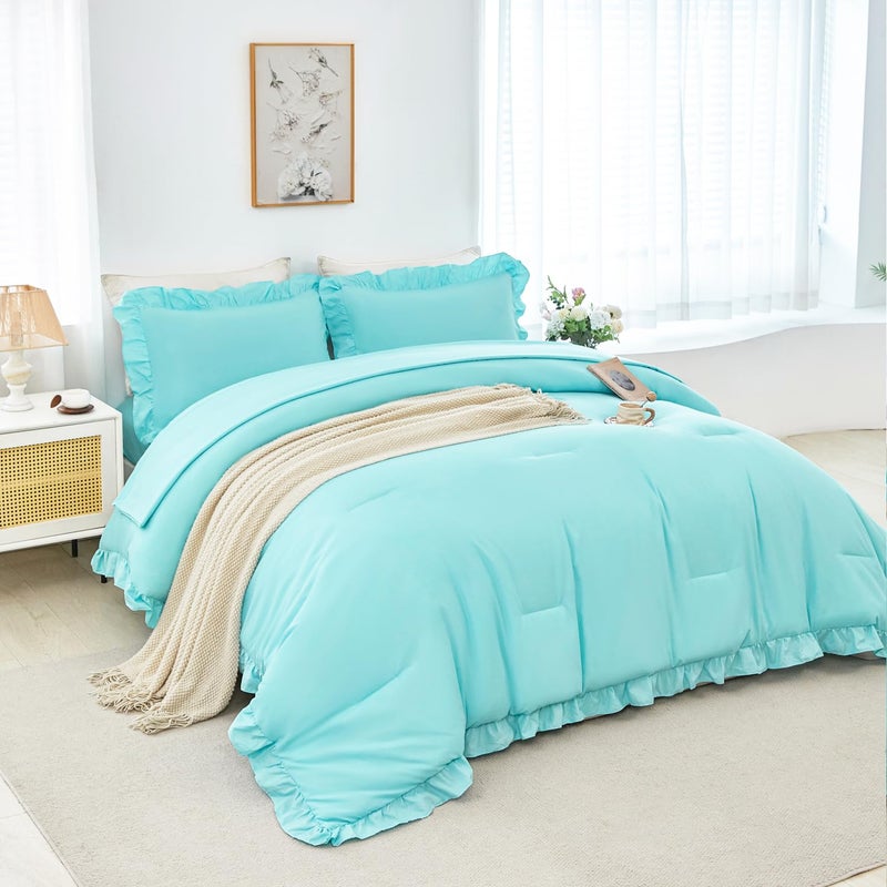 ANGIYUIN Aqua Blue Twin Size Comforter Sets for Teens Girls 5 Pieces Ruffle Bed in A Bag with Sheets Solid Elegance Bedding Comforter Sets for All Season(Aqua Blue Twin) - Image 2