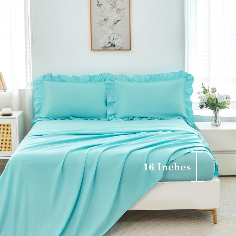 ANGIYUIN Aqua Blue Twin Size Comforter Sets for Teens Girls 5 Pieces Ruffle Bed in A Bag with Sheets Solid Elegance Bedding Comforter Sets for All Season(Aqua Blue Twin) - Image 4