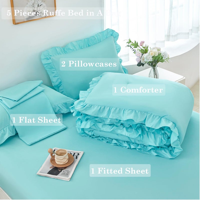 ANGIYUIN Aqua Blue Twin Size Comforter Sets for Teens Girls 5 Pieces Ruffle Bed in A Bag with Sheets Solid Elegance Bedding Comforter Sets for All Season(Aqua Blue Twin) - Image 5
