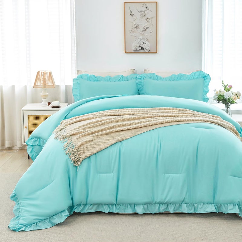 ANGIYUIN Aqua Blue Twin Size Comforter Sets for Teens Girls 5 Pieces Ruffle Bed in A Bag with Sheets Solid Elegance Bedding Comforter Sets for All Season(Aqua Blue Twin) - Image 3
