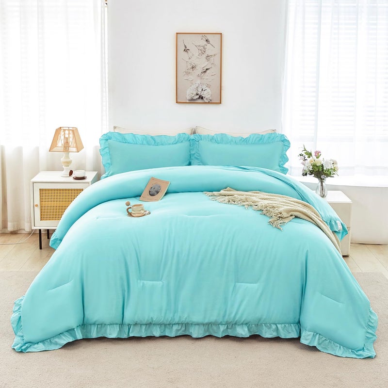 ANGIYUIN Aqua Blue Twin Size Comforter Sets for Teens Girls 5 Pieces Ruffle Bed in A Bag with Sheets Solid Elegance Bedding Comforter Sets for All Season(Aqua Blue Twin) - Image 1