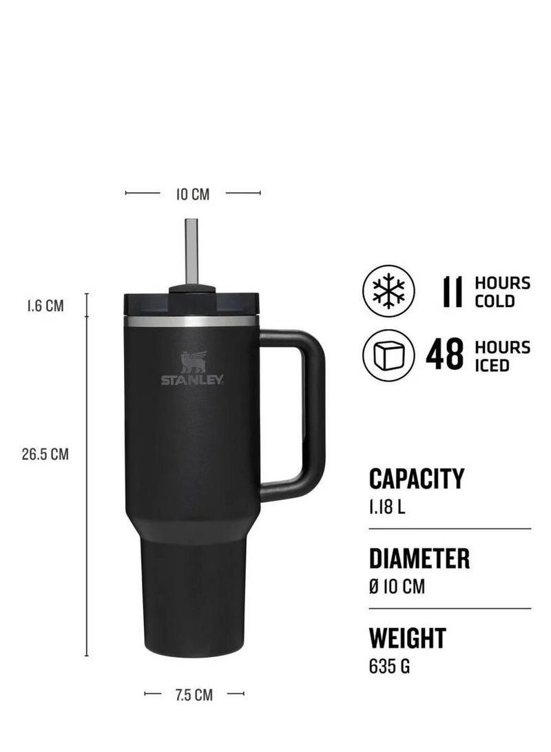 Quencher H2.0 FlowState Vacuum Insulated Tumbler – 40oz Black Stainless Steel Travel Mug with Leakproof Lid & Reusable Straw | Double-Walled Design Keeps Drinks Hot for 7 Hours & Cold for 24 Hours | Durable, Spill-Resistant, BPA-Free, Eco-Friendly & Travel-Ready Hydration Mug for Daily Use, Gym, Office & Outdoors