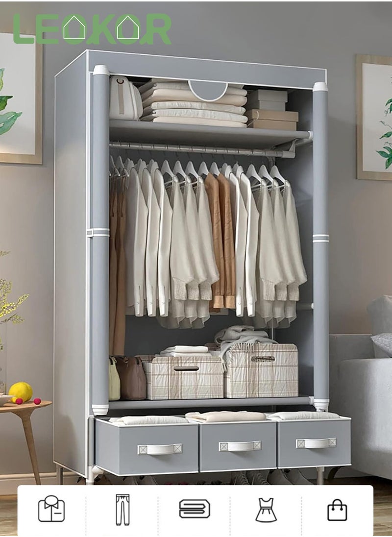 LEOKOR - Wardrobe Closet, Portable Wardrobe with Hanging Rack, Fabric Storage Organizer, Non-Woven Fabric Wardrobe with Three Drawer Boxes, Durable and Easy to Assemble, 90 x 45 x 172CM - Image 1