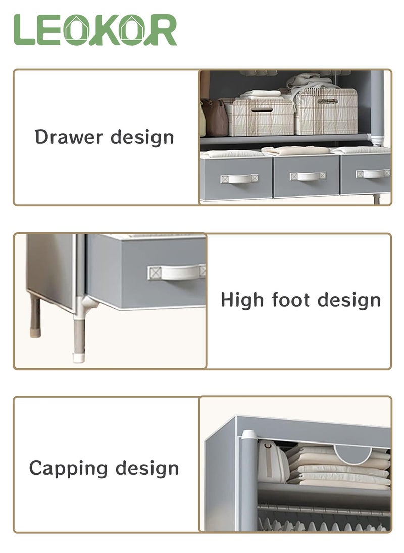 LEOKOR - Wardrobe Closet, Portable Wardrobe with Hanging Rack, Fabric Storage Organizer, Non-Woven Fabric Wardrobe with Three Drawer Boxes, Durable and Easy to Assemble, 90 x 45 x 172CM - Image 1