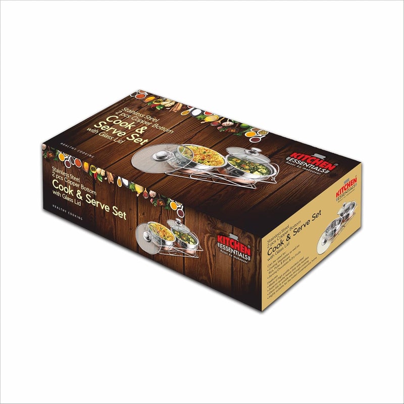 Kitchen Essentials-2 Pcs Copper Bottom Cook and Serve Set (14cm+14 cm) with Glass Lid+Serving Stand - KE-FG001482 - Image 5