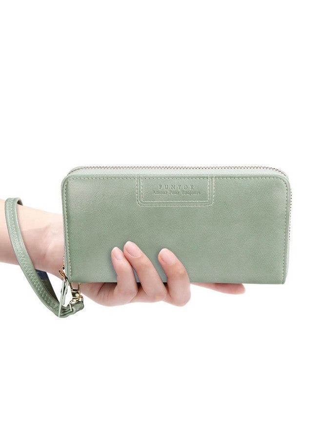 FT FUNTOR Wristlet Wallet For Women Ladies Zip Around Wallet Pu Vegan Leather Clutch Bifold Long Purse Phone Card Holder Organizer Green - Image 3