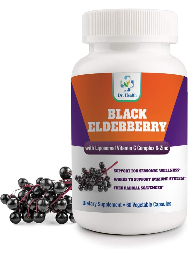 DR. Health Black Elderberry Advanced Formula + Liposomal Vitamin C & Zinc Men Women Adult Daily Sambucus Supplement for Immune Support with Powerful Antioxidants Immunity Booster 60 Days Supply Vegan - Image 1