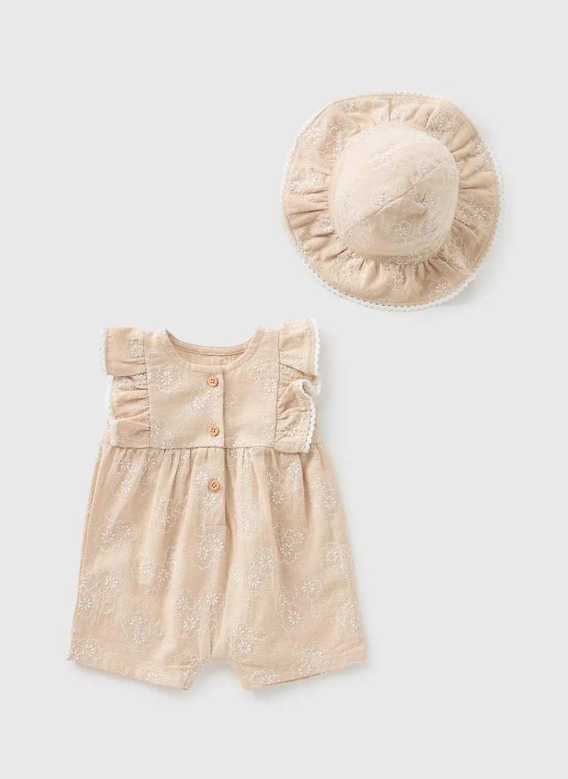 Matalan Baby Beige Embroidered Romper & Hat Set
