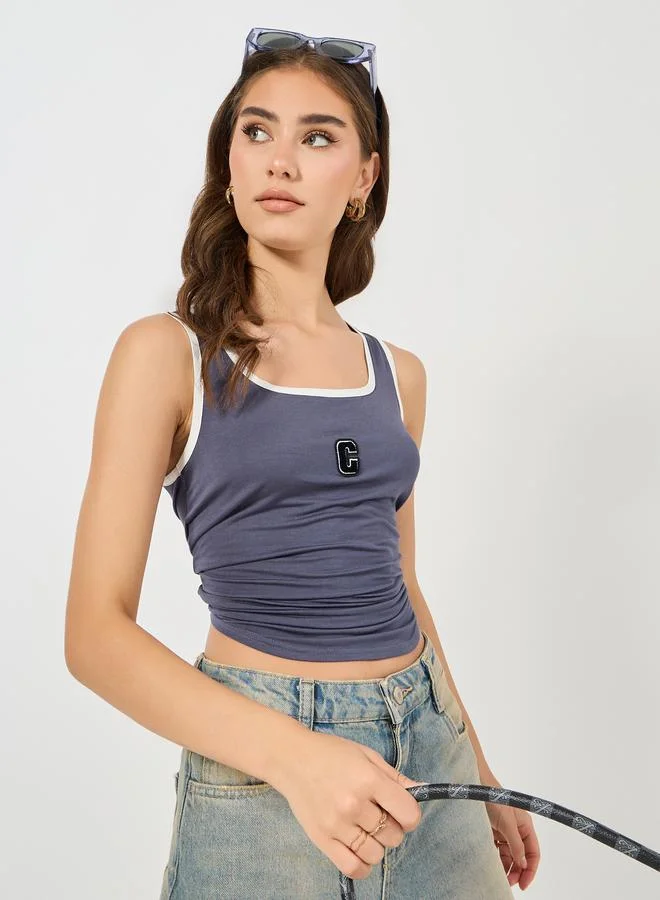 Styli Embroidered Contrast Binding Square Neck Regular Tank