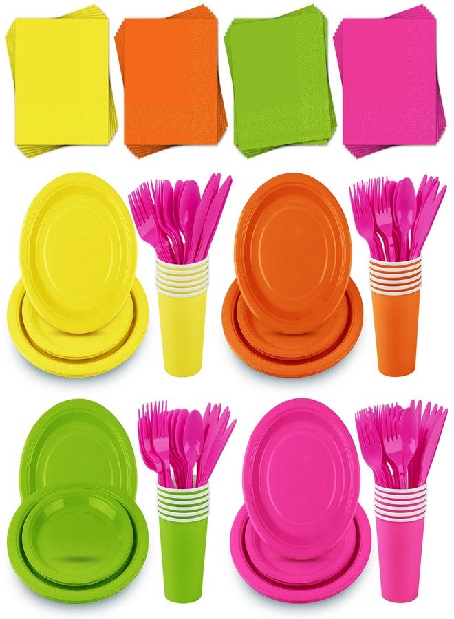 Kochorie 192 Pieces Neon Party Supplies Disposable Paper Plates Cups Napkins Plastic Forks Knives Spoons for Neon Festival Birthday Party Decor, Serves 24 Guests - Image 1