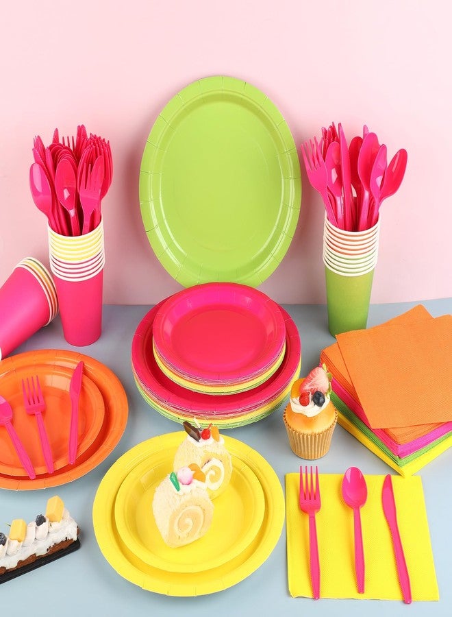 Kochorie 192 Pieces Neon Party Supplies Disposable Paper Plates Cups Napkins Plastic Forks Knives Spoons for Neon Festival Birthday Party Decor, Serves 24 Guests - Image 4