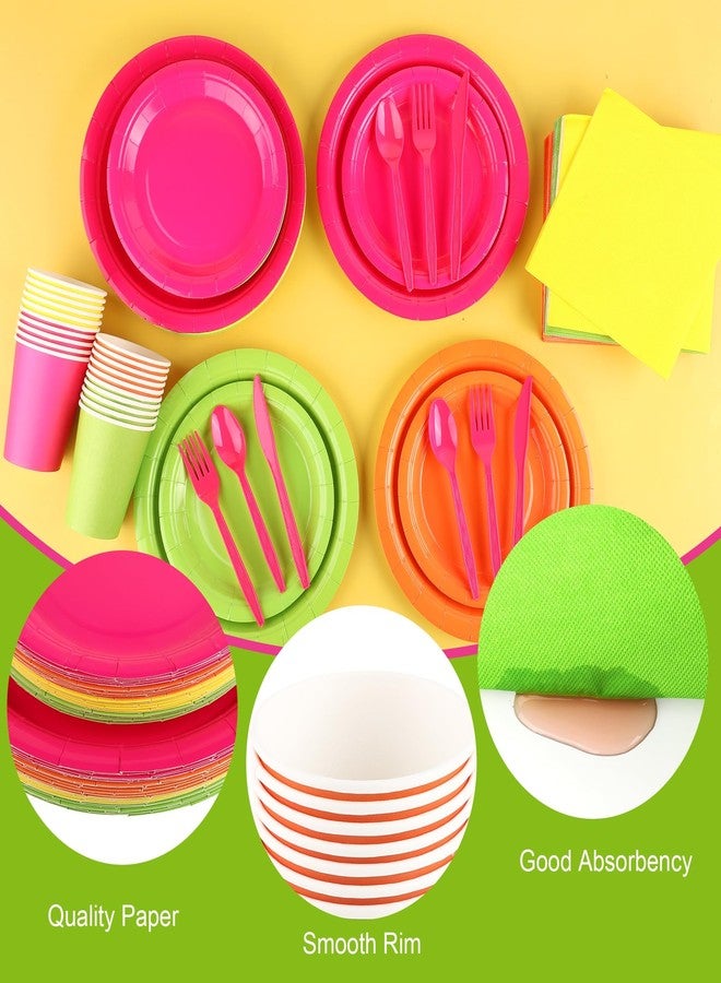 Kochorie 192 Pieces Neon Party Supplies Disposable Paper Plates Cups Napkins Plastic Forks Knives Spoons for Neon Festival Birthday Party Decor, Serves 24 Guests - Image 3