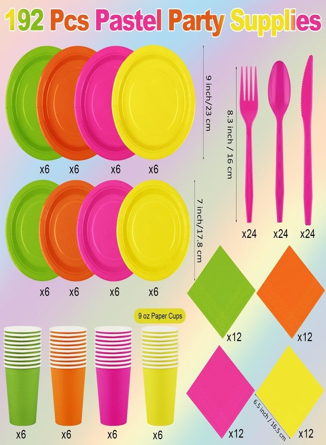 Kochorie 192 Pieces Neon Party Supplies Disposable Paper Plates Cups Napkins Plastic Forks Knives Spoons for Neon Festival Birthday Party Decor, Serves 24 Guests - Image 2