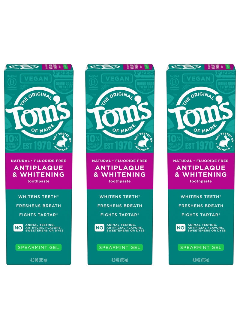 Tom's of Maine - Tom's of Maine Antiplaque and Whitening Fluoride Free Natural Toothpaste Gel, Vegan, Spearmint, 4 Ounces (3 Pack) - Image 1