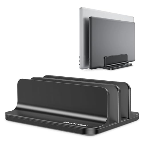 OMOTON Vertical Laptop Stand Updated Double Version Desktop Aluminum Mac Book Stand with Adjustable Dock Size Fits All Mac Book Surface Chrome Book and Gaming Laptops Up to 173 inch Black