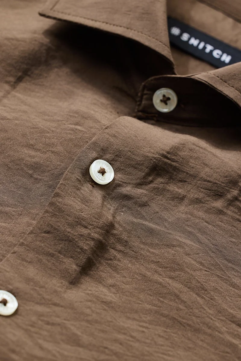 SNITCH Brown Solid Long Sleeve Slim Fit Shirt