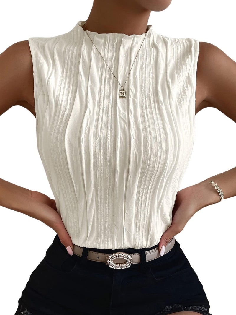 Verdusa Women's Sleeveless Mock Neck Textured Tank Top Corporate Business Office Outfits Trendy 2025 Beige Small - Image 2