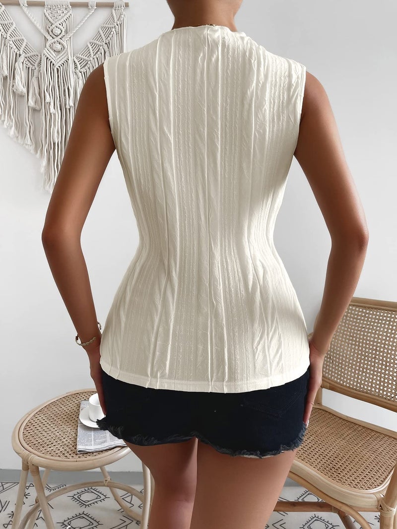 Verdusa Women's Sleeveless Mock Neck Textured Tank Top Corporate Business Office Outfits Trendy 2025 Beige Small - Image 3