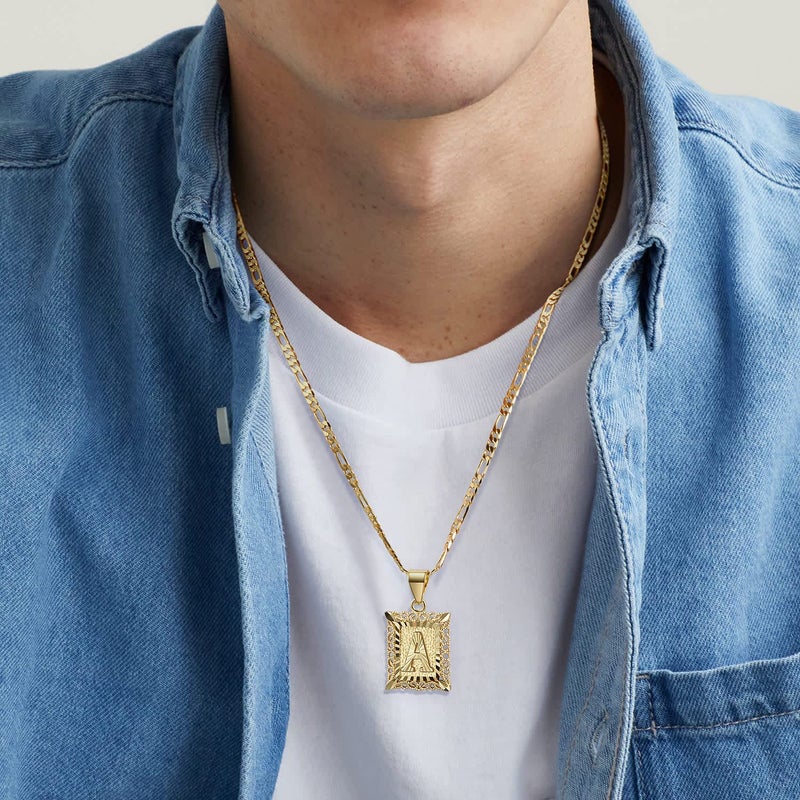 KissYan Initial Letter Pendant Necklace for Men Women, 14K Gold Plated Square Capital Monogram Necklace Alphabets from A-Z Figaro Chain Jewelry (Gold, M) - Image 3