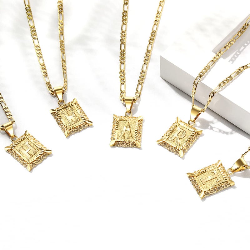 KissYan Initial Letter Pendant Necklace for Men Women, 14K Gold Plated Square Capital Monogram Necklace Alphabets from A-Z Figaro Chain Jewelry (Gold, M) - Image 4