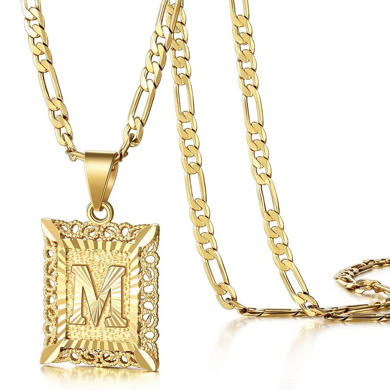 KissYan Initial Letter Pendant Necklace for Men Women, 14K Gold Plated Square Capital Monogram Necklace Alphabets from A-Z Figaro Chain Jewelry (Gold, M) - Image 1
