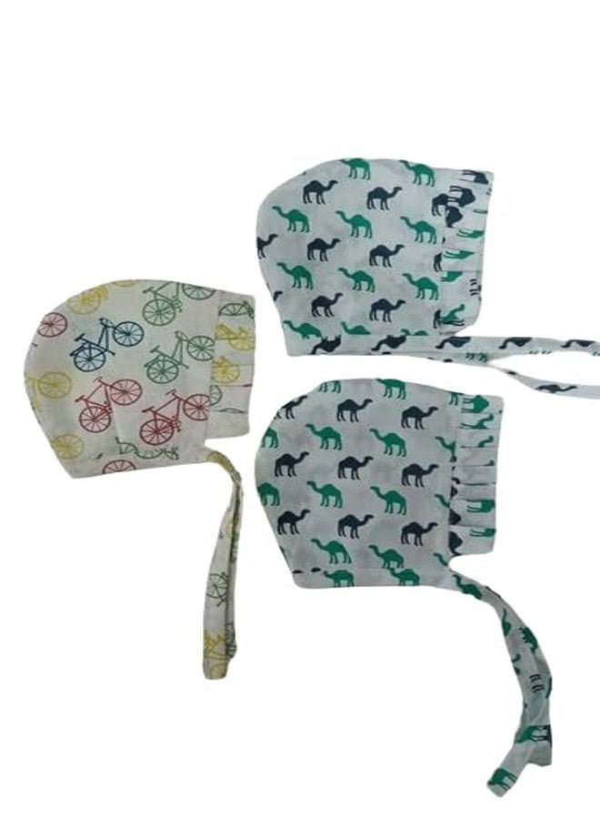 AGASTI New Born Infant Baby Soft Pure Cotton White Caps with Tai Knot and Bonnet Infant Unisex Hat/Topi Printed 100% Cotton caps with taing Knot dori Pack of 3 (0-3 Months, aa3) (0-3 Months, ac1) - Image 1