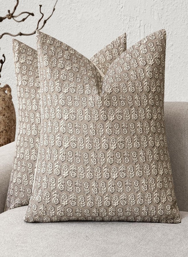 Foindtower Set of 2 Decorative Vintage Floral Print Throw Pillow Covers Neutral Modern Farmhouse Cushion Covers Boho Home Decor for Sofa Couch Chair Bedroom Living Room,22×22 Inch,Tan Taupe - Image 1