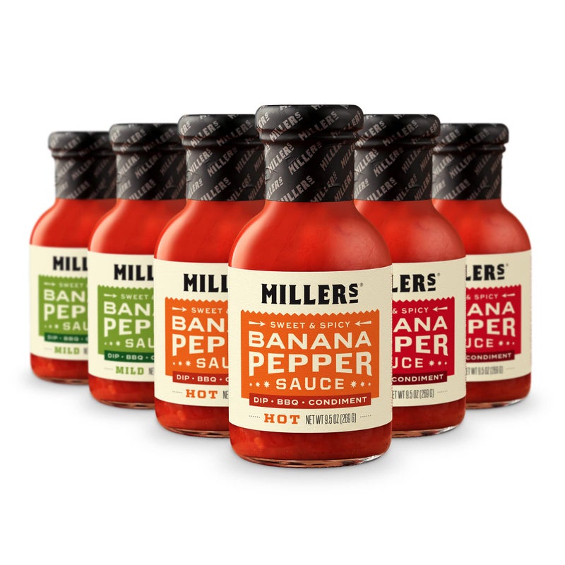 Millers Banana Pepper Sauce Variety Pack Includes Hot Mild Habanero Hot Sauce Variety Pack Use for Chicken Wing Burger Sandwich Mexican Dish NonGMO Project Verified 95 Ounce Pack of 6