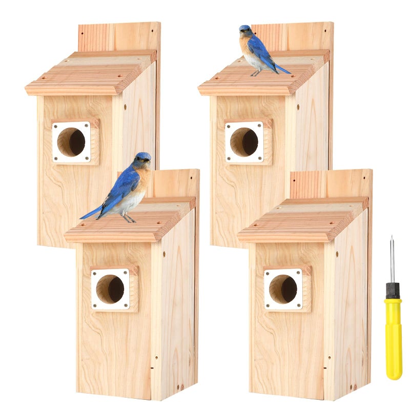 JZTKQTM 4-Pack Bird Houses for Outside with Metal Predator Guard, Birdhouses for Outdoors for Bluebird, Wren, Swallow, Finch - Natural Wood - Image 1