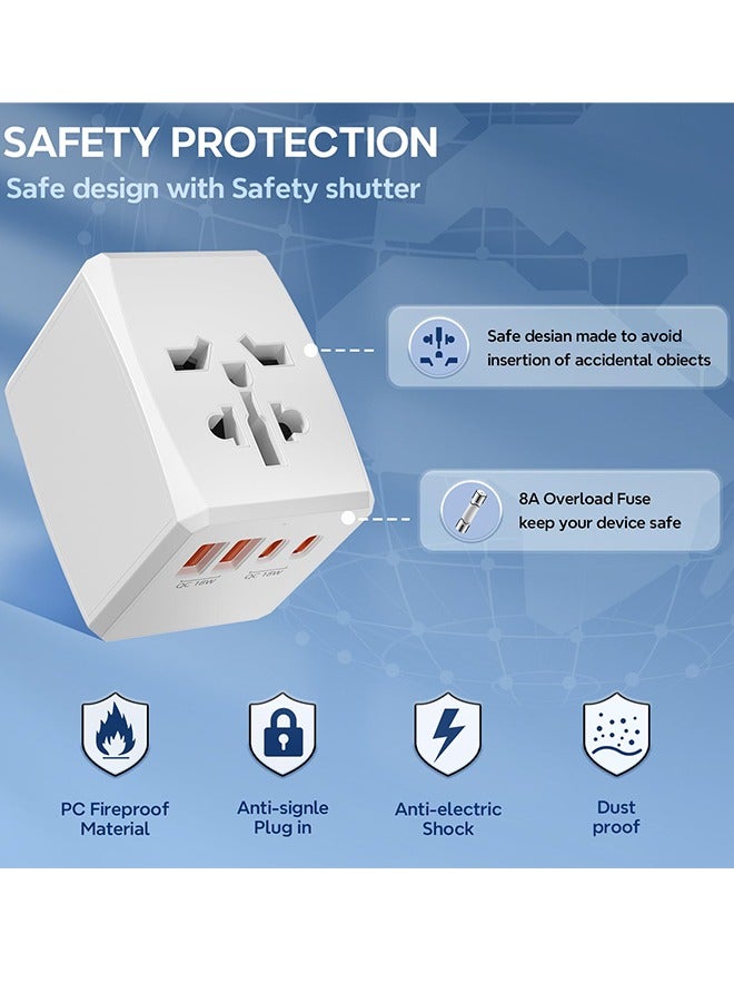 Universal Travel Adapter Worldwide with 2 USB C and 2 USB A Ports, 30W Universal Plug Adaptor UK to World, International Travel Adapter for Multi Countries EU, USA, UK, Australia, Thailand etc (White)