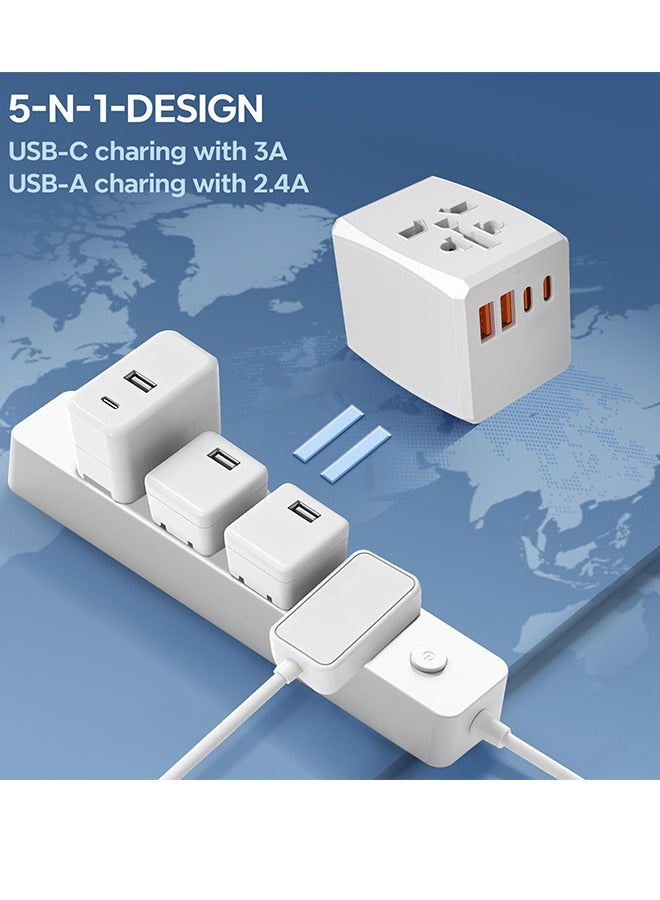 Universal Travel Adapter Worldwide with 2 USB C and 2 USB A Ports, 30W Universal Plug Adaptor UK to World, International Travel Adapter for Multi Countries EU, USA, UK, Australia, Thailand etc (White)